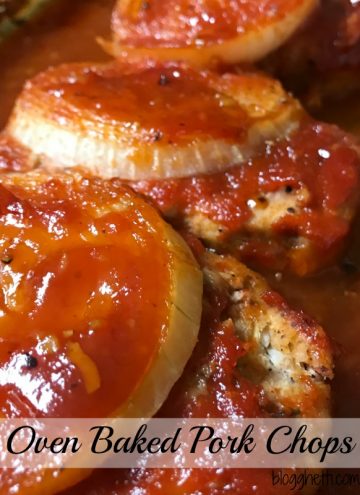 The simple glaze on these Oven Baked Pork Chops add so much flavor to the otherwise boring pork chop. The sauce is a mixture of brown sugar, ketchup, and Dijon mustard. It makes the most delicious glaze and that thick slice of onion bakes on top of the pork chops perfectly.