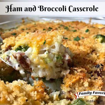 This Ham and Broccoli Casserole is filled with ham, broccoli, and rice with a creamy white sauce, topped with a blend of pepper-jack, Colby cheese, and Panko bread crumbs. It's a great way to use up leftover ham!