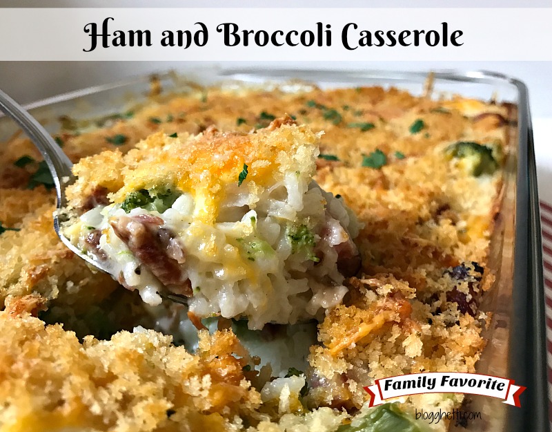 This Ham and Broccoli Casserole is filled with ham, broccoli, and rice with a creamy white sauce, topped with a blend of pepper-jack, Colby cheese, and Panko bread crumbs. It's a great way to use up leftover ham!