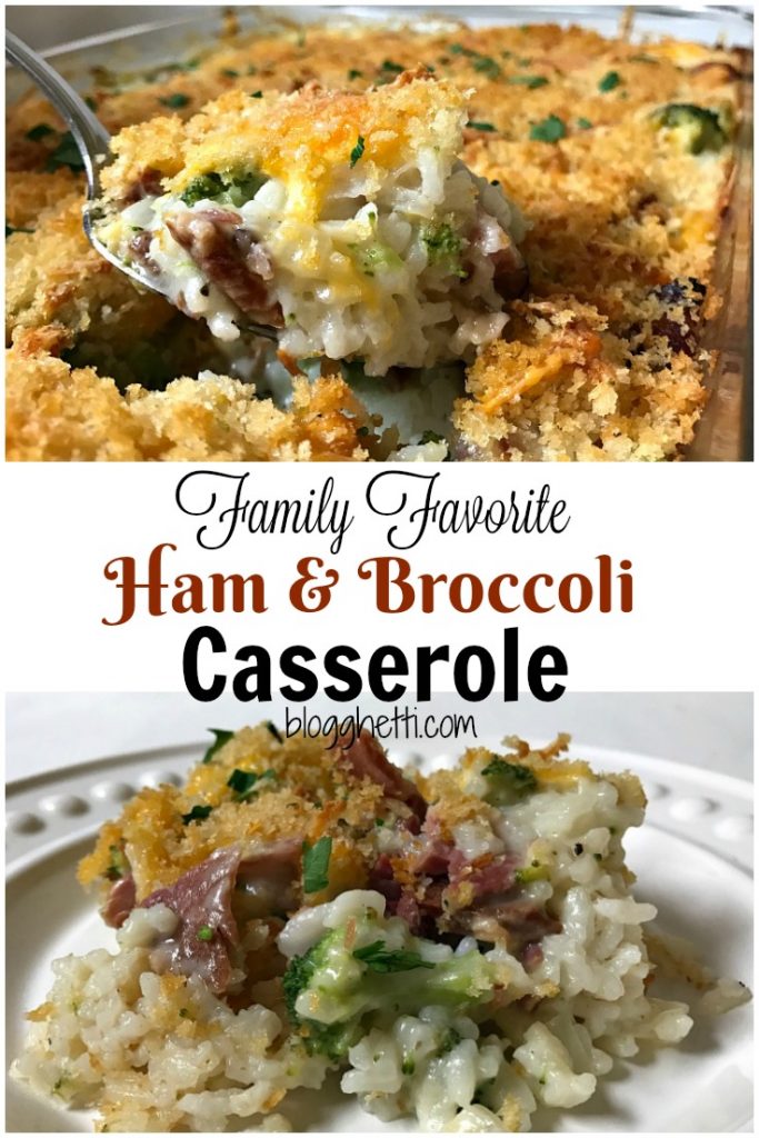 This Ham and Broccoli Casserole is filled with ham, broccoli, and rice with a creamy white sauce, topped with a blend of pepper-jack, Colby cheese, and Panko bread crumbs. It's a great way to use up leftover ham!