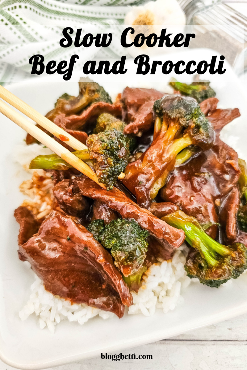 slow cooker beef and broccoli image with text overlay