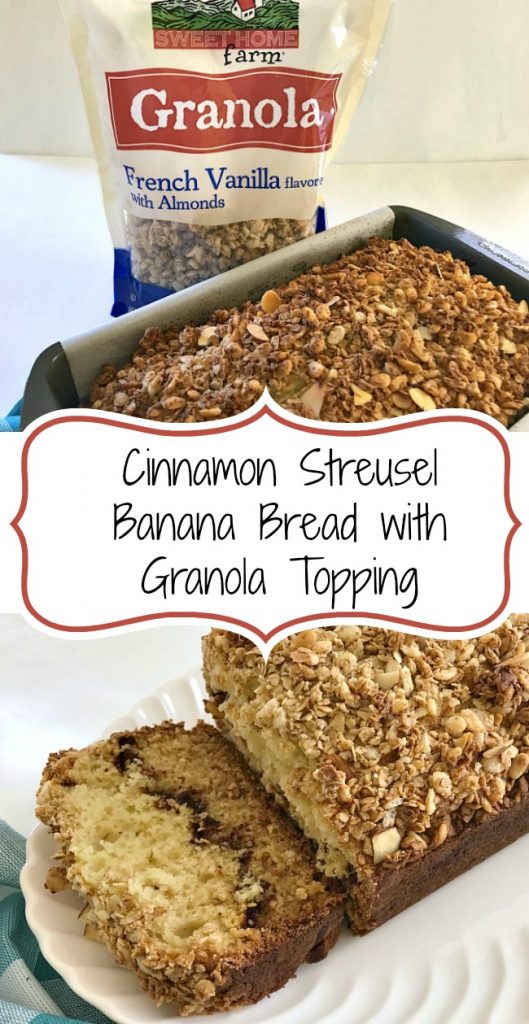 This Cinnamon Streusel Banana Bread has all the flavors and textures that you love about coffee cake and banana bread in one delicious loaf. The topping for this quick breadhas almonds and a flavorful vanilla granola. 