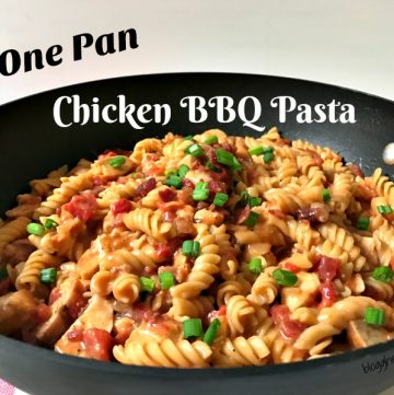 A One Pan BBQ Chicken Pasta dinner loaded with bacon, chicken, cheese and a sweet and spicy BBQ sauce all cooked in one pan for easy clean up! Plus it's ready to eat in less than 30 minutes!