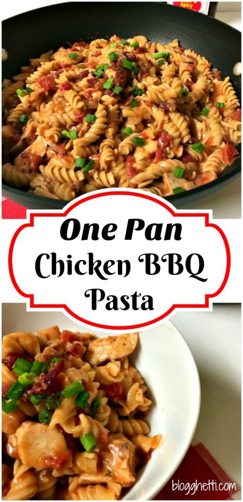 A One Pan BBQ Chicken Pasta dinner loaded with bacon, chicken, cheese and a sweet and spicy BBQ sauce all cooked in one pan for easy clean up! Plus it's ready to eat in less than 30 minutes!