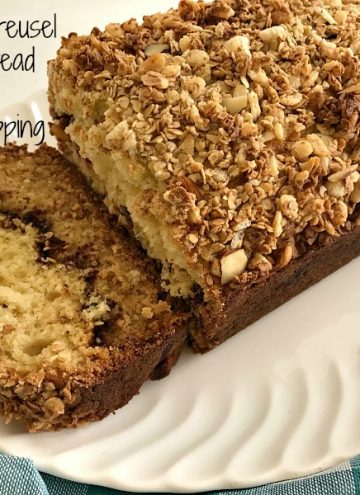 This Cinnamon Streusel Banana Bread has all the flavors and textures that you love about coffee cake and banana bread in one delicious loaf. The topping for this quick breadhas almonds and a flavorful vanilla granola.
