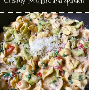 close up of creamy tortellini and spinach meal in a skillet