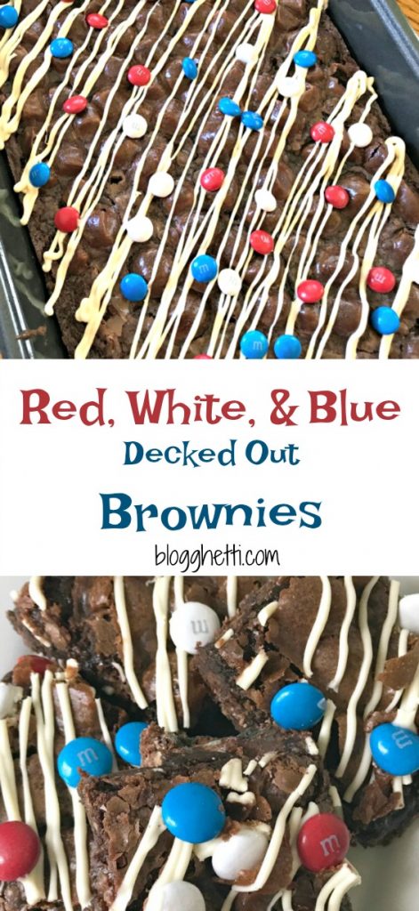 Red, White, and Blue Decked Out Brownies are the perfect patriotic summer treat Fudgy brownies filled with chocolate and M & M candies topped with marshmallows, more candy and drizzled with white chocolate. 