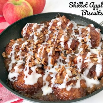 This Skillet Apple Pie Biscuit recipe will quickly become a family favorite. All of the flavors you love in apple pie but with biscuits and a sweet glaze on each and every one of the apple pie biscuits.