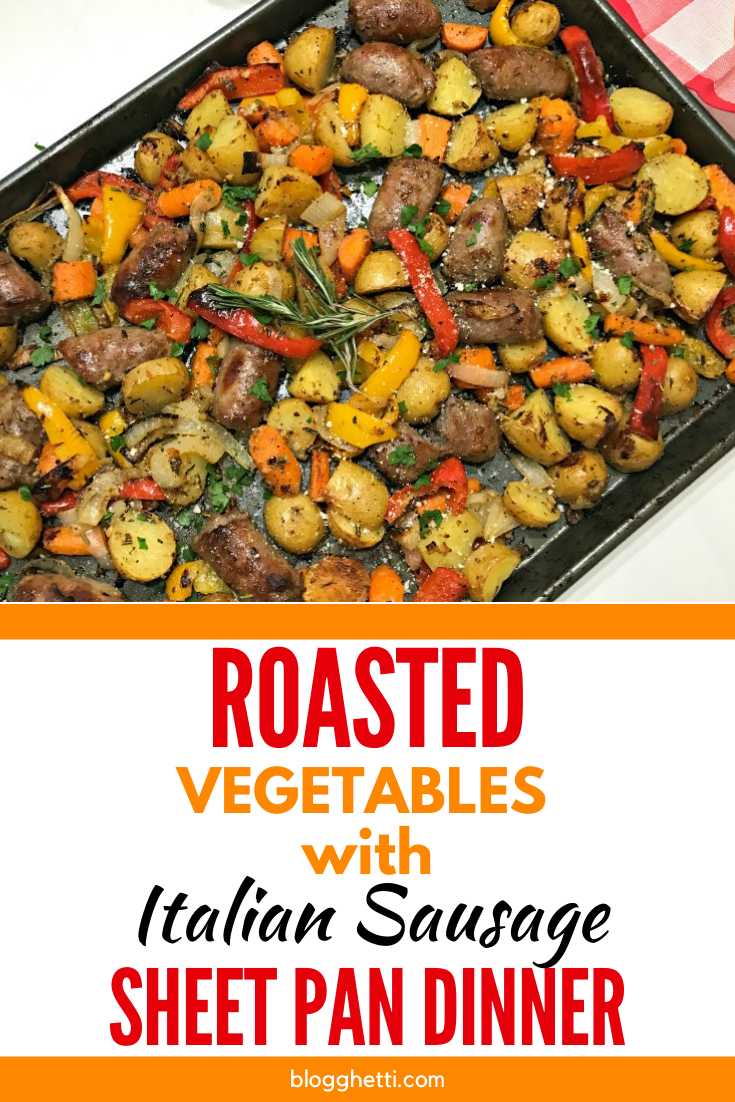 Roasted Vegetables with Italian Sausage Sheet Pan Dinner with text overlay
