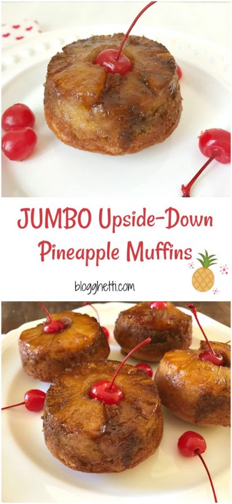 These Jumbo Upside-Down Pineapple Muffins are sweet and simple to make from scratch. Topped with a brown sugar glaze, pineapple ring, and a maraschino cherry they make the perfect sweet treat.