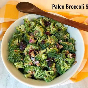 This Broccoli Salad recipe is a lightened-up version of the classic salad. A tasty side dish or a light lunch, this salad will be a winner plus it's Paleo-friendly and gluten-free.