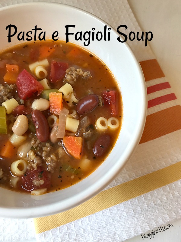 Pasta e Fagioli Soup is a classic Italian soup of beans and short pasta with tomatoes, vegetables, and spicy sausage. 