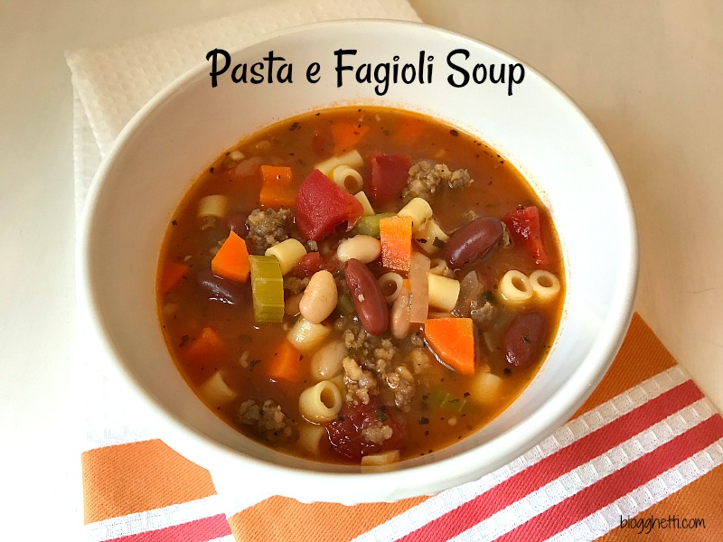 Pasta e Fagioli Soup is a classic Italian soup of beans and short pasta with tomatoes, vegetables, and spicy sausage. 