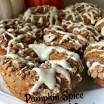 Pumpkin Spice Glazed Donuts from a simple boxed cake mix will make your family think you made them from scratch. The donuts are topped with a streusel and then drizzled with a maple glaze.