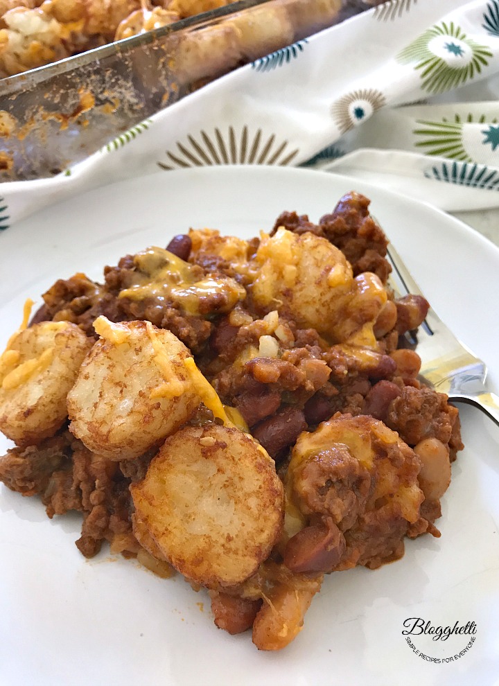 serving of Tator Tot Sloppy Joe casserole - closeup