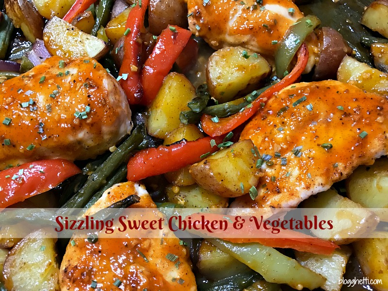 Sizzling sweet chicken and vegetables is a one-pan meal that isn't overly spicy but does have a kick.  It's a perfect weeknight meal and leftovers are great for lunch the next day. 