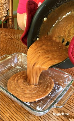 Soft Buttery Homemade Caramels - pouring into prepared pan to cool