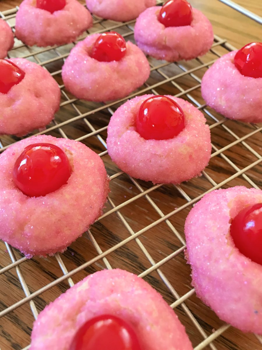 baked cherry cream cheese cookies cooling on wire rack