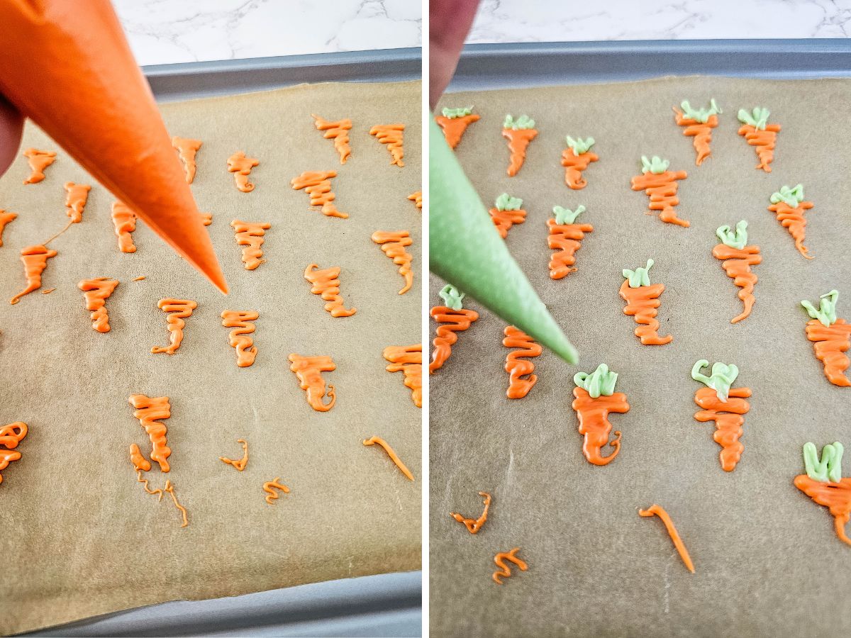 piping the candy carrots for cupcake toppers