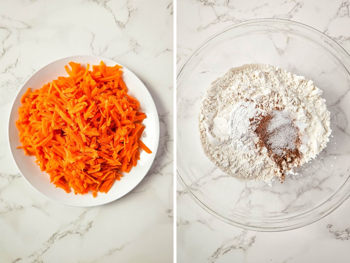 shredded carrots and dry ingredients in bowls