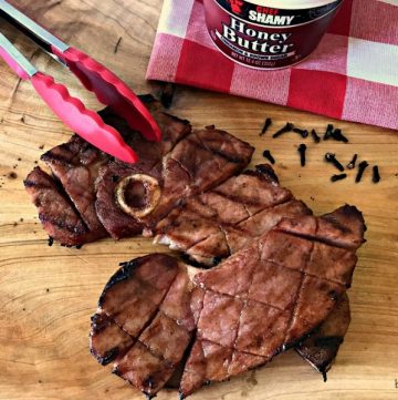 Honey Cinnamon Glazed Grilled Ham Steaks #ham #ChefShamy #CookoutWeek #butter #grilled