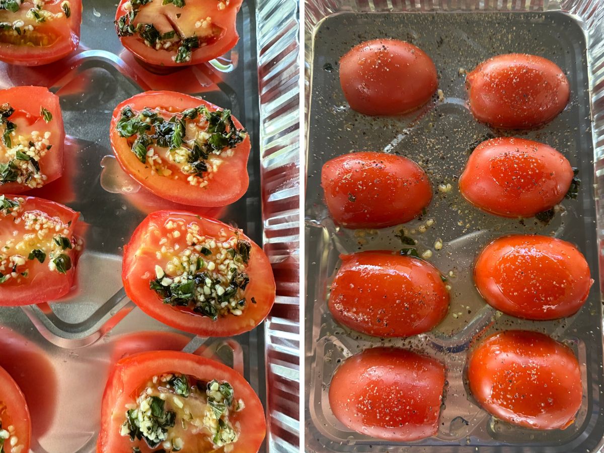 drizzle herb and garlic oil over Romas and grill