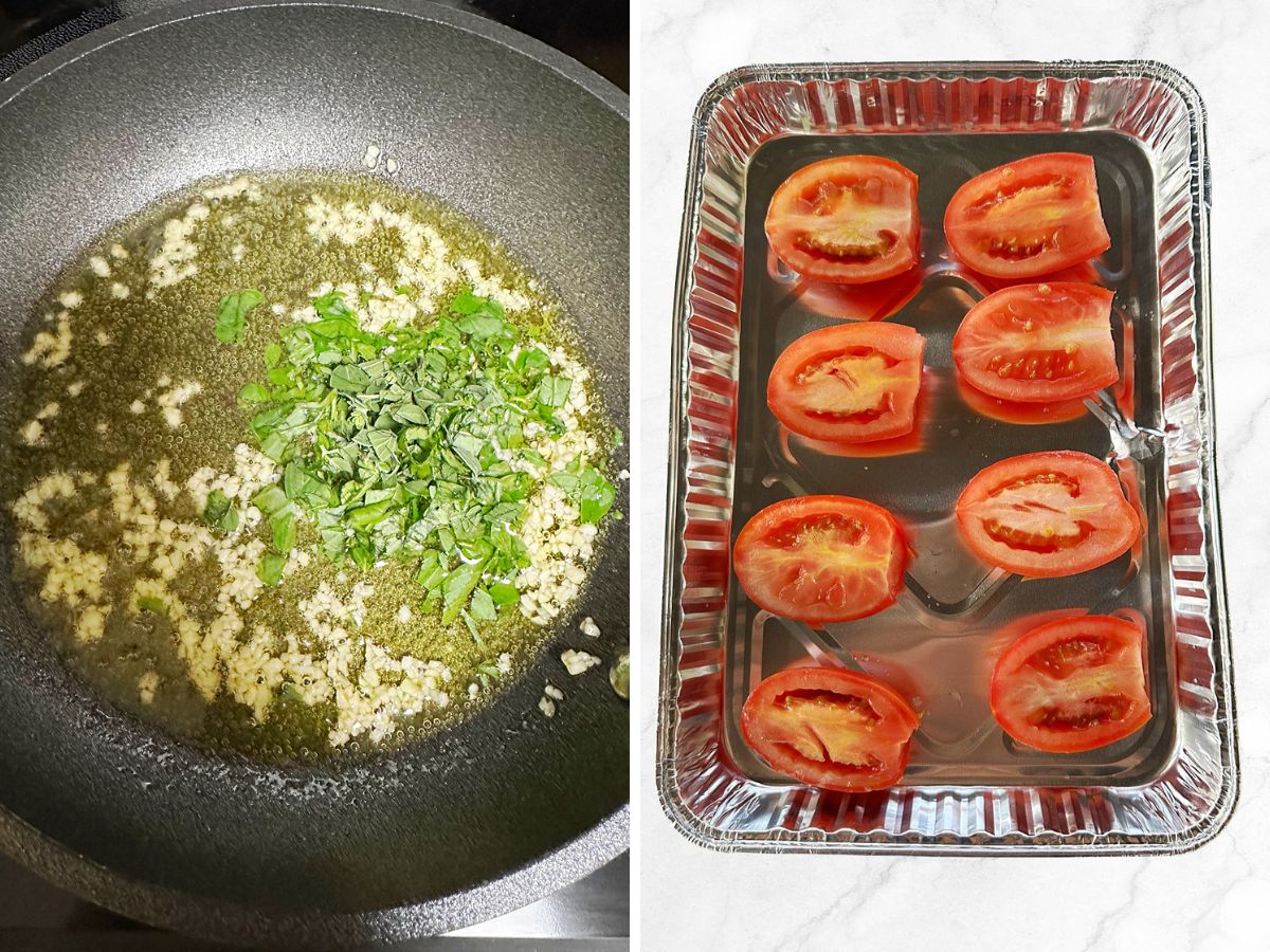 sauteing garlic oil and slicing tomatoes