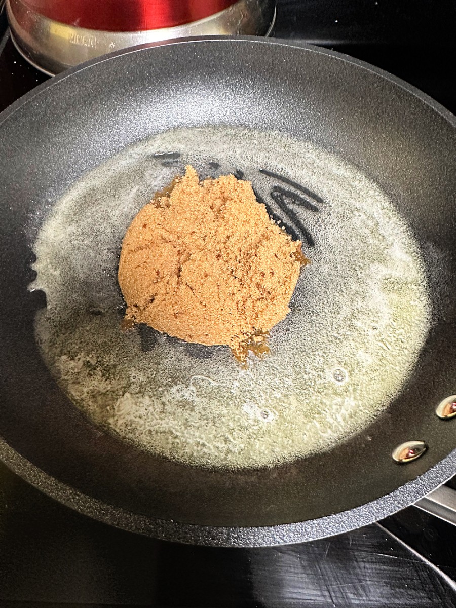 melted butter and brown sugar in skillet