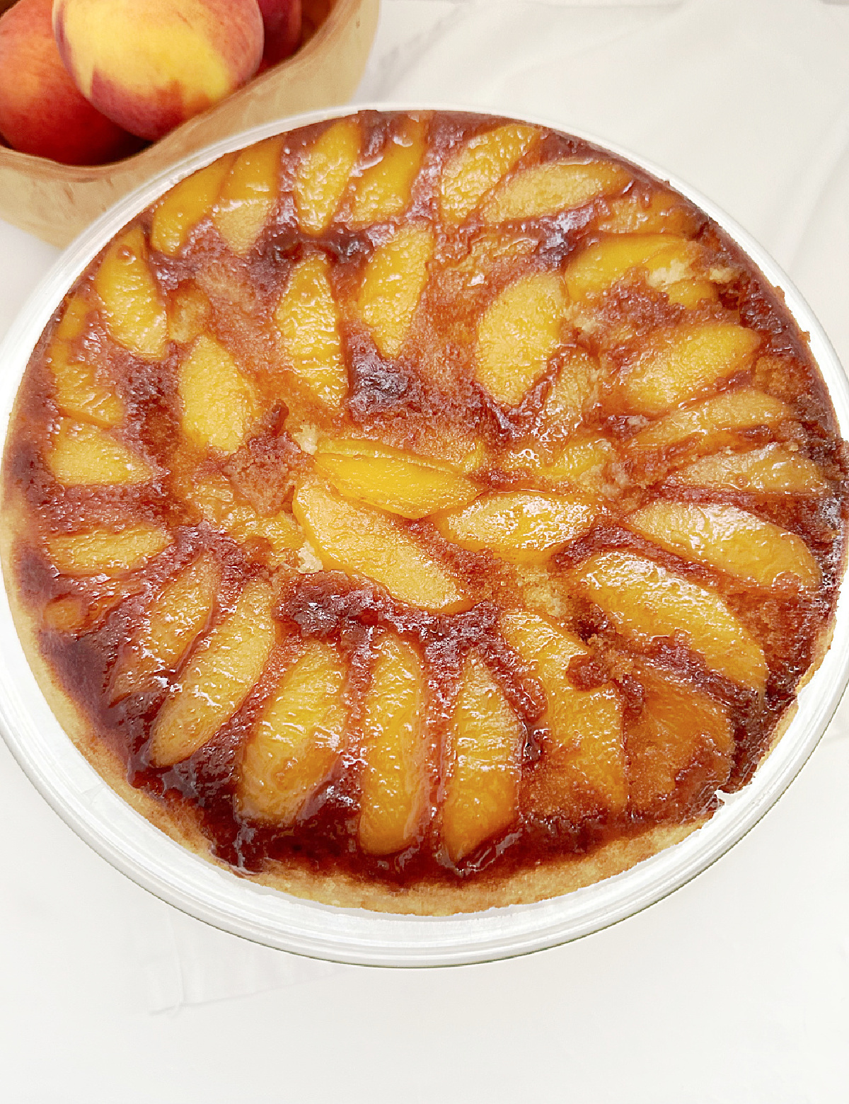 overhead shot of peach cake