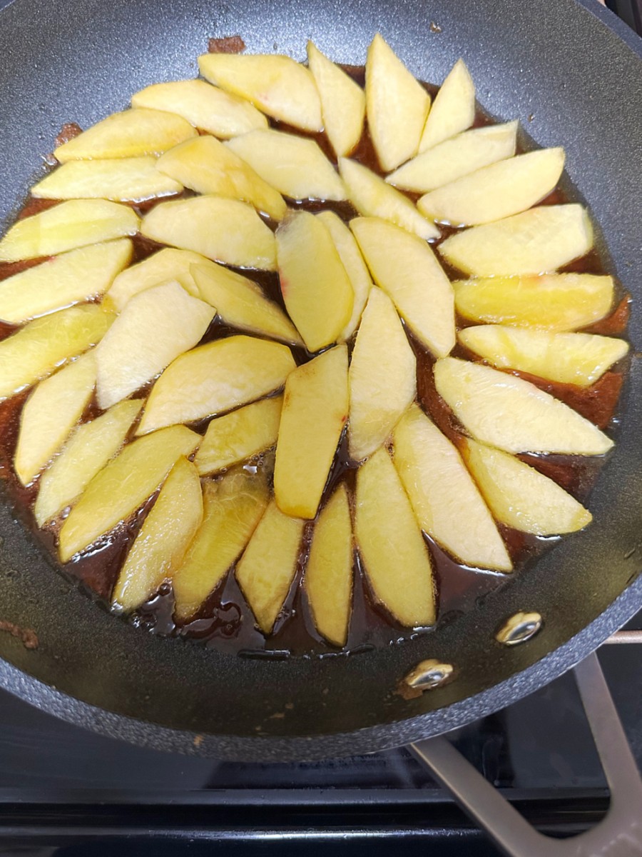 peaches and carmelized sugar in skillet