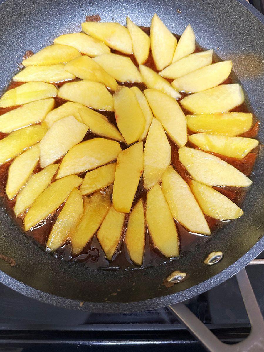 peaches carmelized sugar in skillet