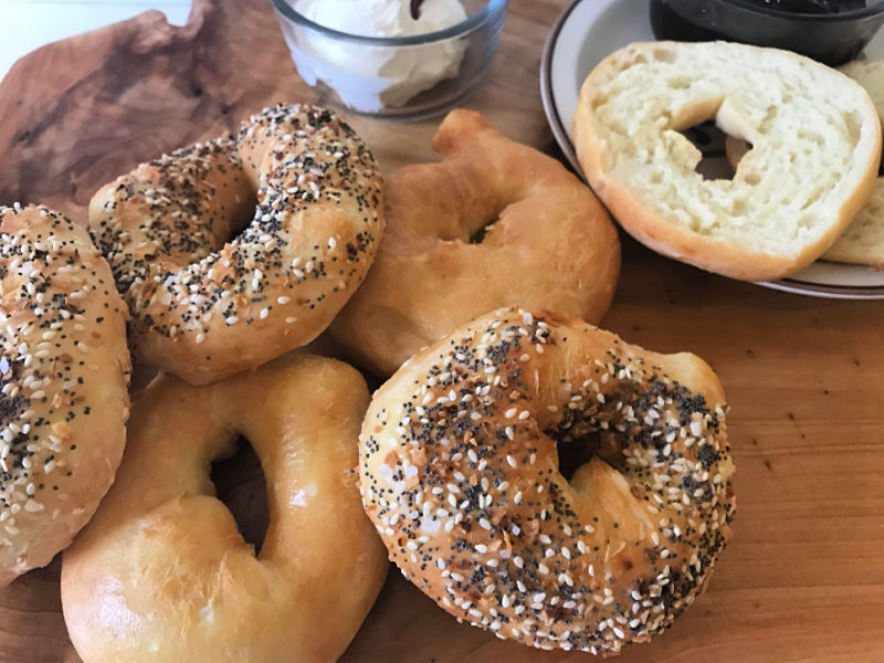 Air fryer bagels with jam and cream cheese