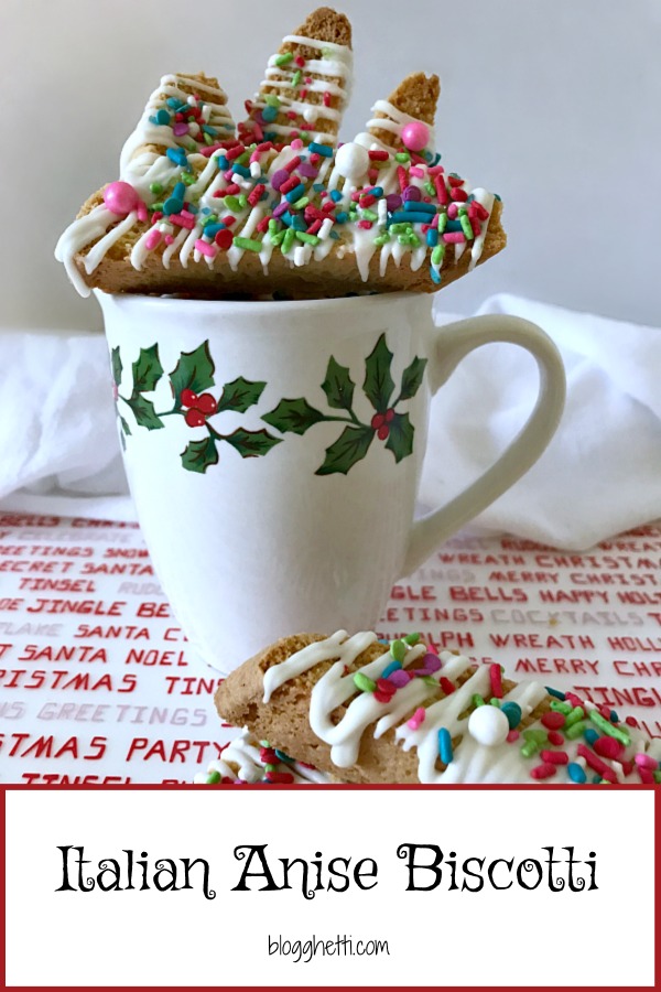 Italian Anise Biscotti gets a festive holiday makeover with colorful sprinkles. Whether you dunk this twice-baked cookies into your coffee or tea, or simply enjoy them as a treat, you'll get that classic anise flavor in each bite with bonus white chocolate drizzle.
