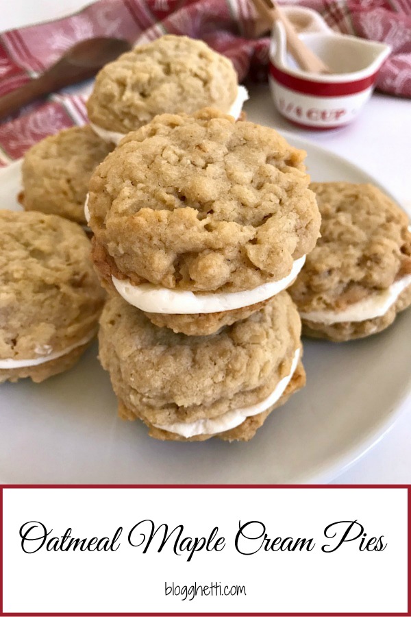 Oatmeal Maple Cream Pies are made with a maple cream filling sandwiched between two soft and chewy oatmeal cookies. #ChristmasSweetsWeek #cookies #oatmeal #maple #sponsored #baking