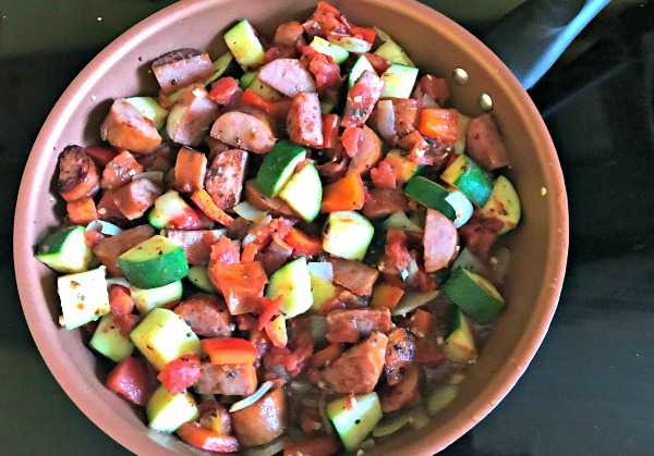 Skillet meal - Kielbasa, Zucchini, and Fire Roasted Tomatoes