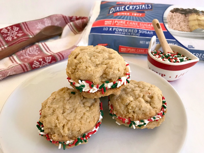 Oatmeal Maple Cream Pies are made with a maple cream filling sandwiched between two soft and chewy oatmeal cookies. #ChristmasSweetsWeek #cookies #oatmeal #maple #sponsored #baking