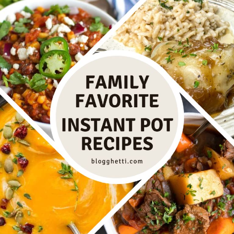 A collage of four different dishes cooked in an Instant Pot. The dishes include a chili, a butternut squash soup, a chicken dish with rice, and a beef stew. The text on the image reads "Family Favorite Instant Pot Recipes