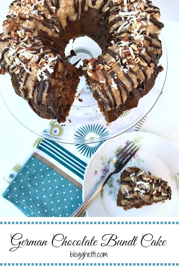 This German Chocolate Bundt Cake with a Homemade Coconut Frosting is moist, decadent, and does not disappoint. Perfect cake to celebrate any special occasion. #GermanChocolateCake #cake #chocolate