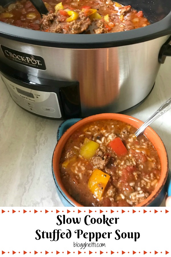 Slow Cooker Stuffed Pepper Soup is a hearty meal loaded with everything you love about a classic stuffed pepper - ground beef, rice and bell peppers, all in a tomato-based broth. #soup #stuffedpeppers #slowcooker #OurFamilyTable