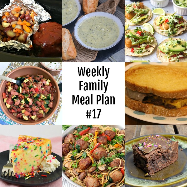 Here’s this week’s Weekly Family Meal Plan! My goal is to make your life just a bit easier. You’ll find a variety of dinner ideas sure to please even the pickiest eater. #mealplan #menu #dinner #mealprep 