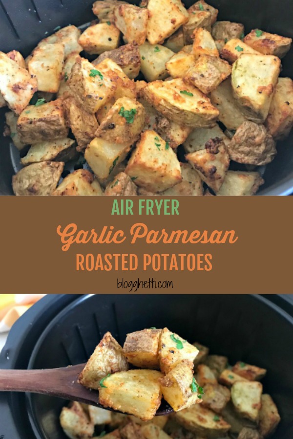 Air Fryer Garlic Parmesan Roasted Potatoes are a quick and simple side dish ready in 20 minutes, perfect with dinner or breakfast. #airfryer #potatoes #roasted #garlic #parmesan