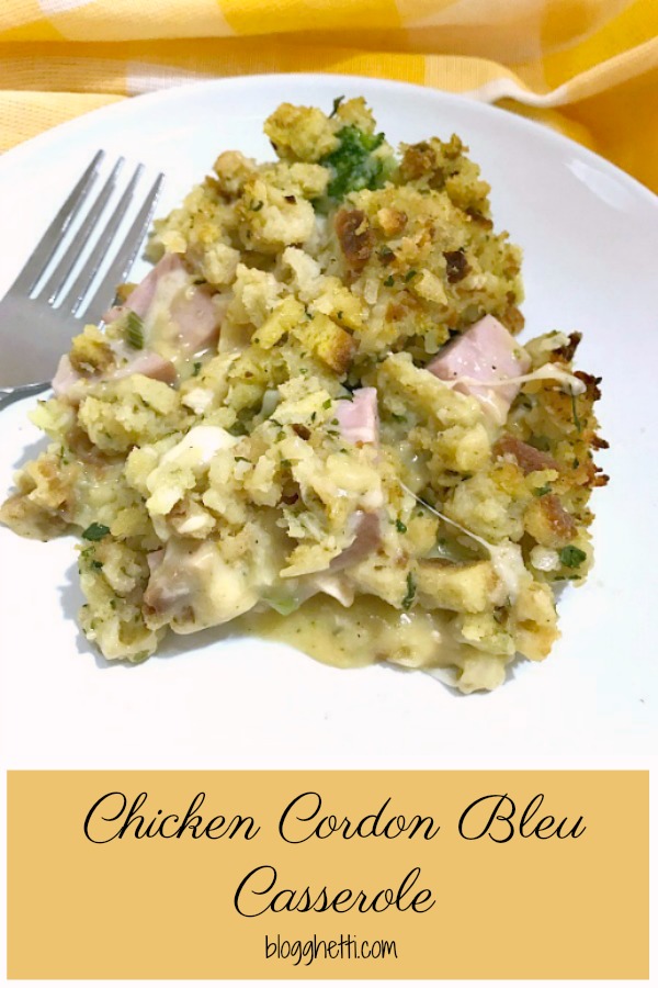 This Chicken Cordon Bleu Casserole is simple to make and has all the flavors you love about the classic dish. It's a tasty dinner for any night of the week. #chicken #ham #cheese #chickencordonbleu #casserole #dinner 