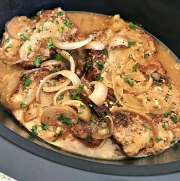 These super easy and tasty pork chops are slow cooked in a sweet and tangy sauce made from maple syrup and Dijon mustard.