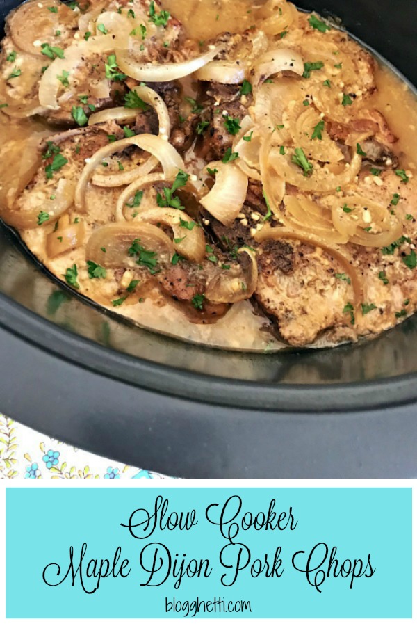 These super easy and tasty pork chops are slow cooked in a sweet and tangy sauce made from maple syrup and Dijon mustard. #porkchops #paleo #slowcooker #crockpot #maple #mustard