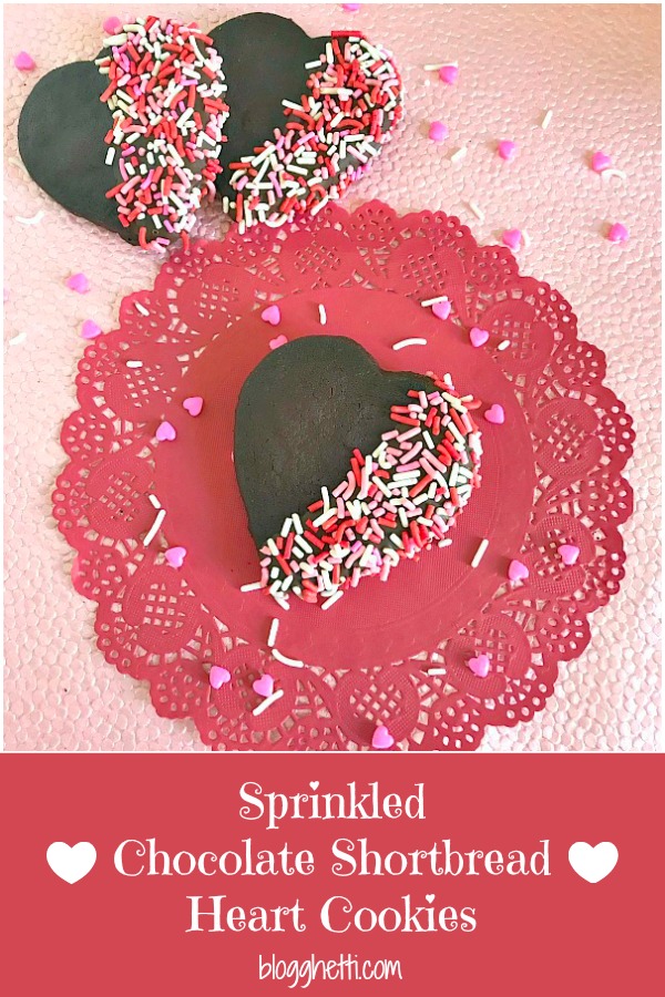 If you love chocolate and sprinkles, then you will love these Sprinkled Chocolate Shortbread Heart Cookies. Perfect for Valentine's Day cookie trays. #cookies #chocolate #shortbread #ValentinesDay