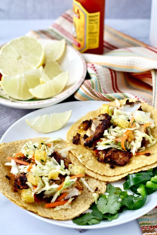 Charred fish tacos with cole slaw