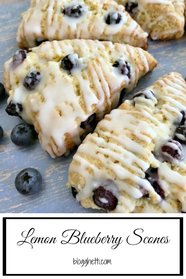 lemon blueberry scones close up for a pinterest image