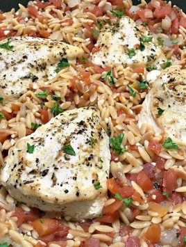 One Pot Italian Chicken with Orzo in skillet