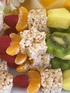 Spring Fruit and Rice Krispies Treat Kabobs close up
