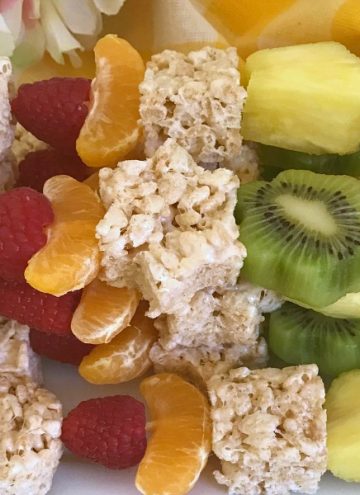 Spring Fruit and Rice Krispies Treat Kabobs close up